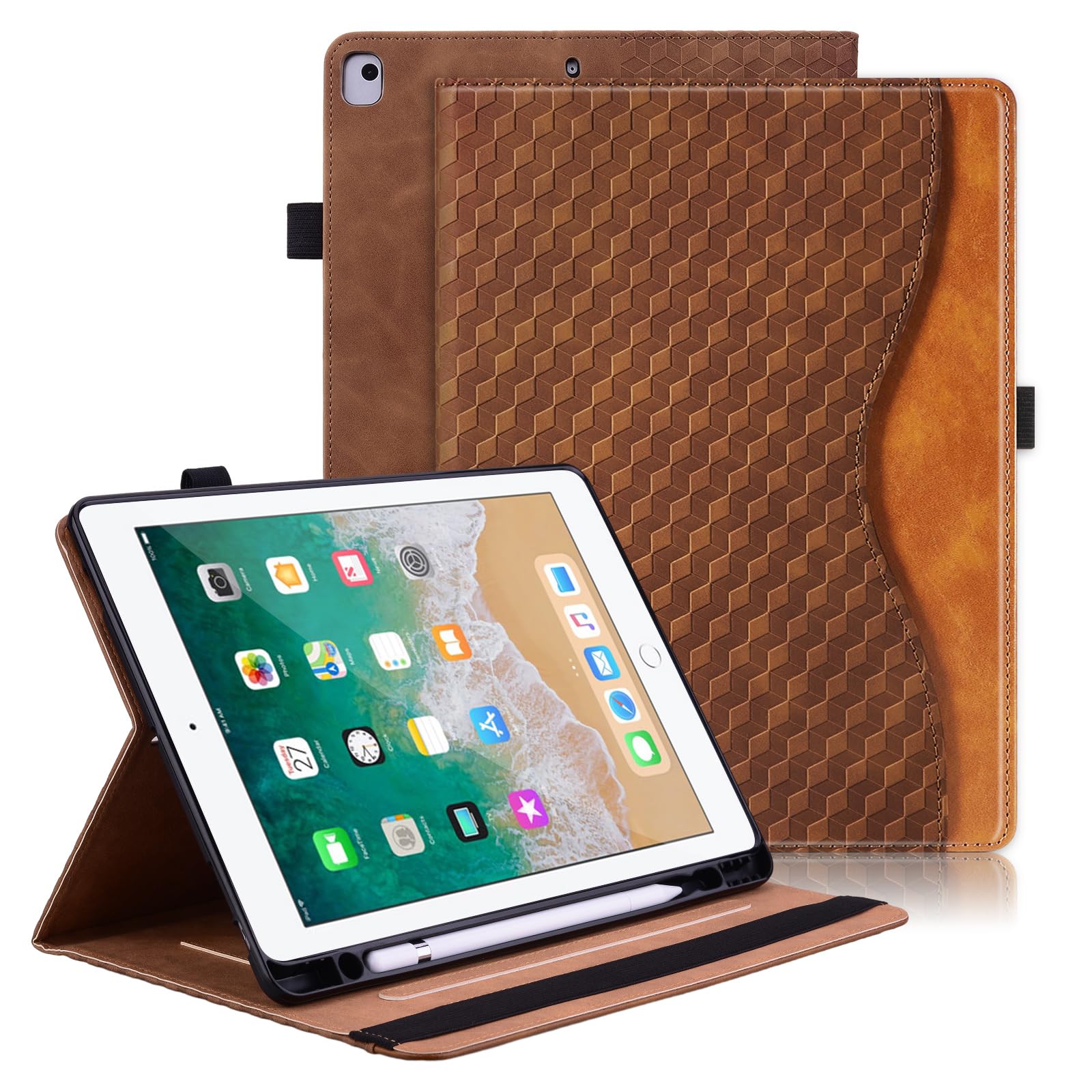 Vkooer Case for iPad 6th/5th Generation 9.7 inch with Pencil Holder - iPad 2018/2017, ipad Air 2/Air 1 Leather Folio Cover with Auto Sleep/Wake Multi Angle Stand - Brown