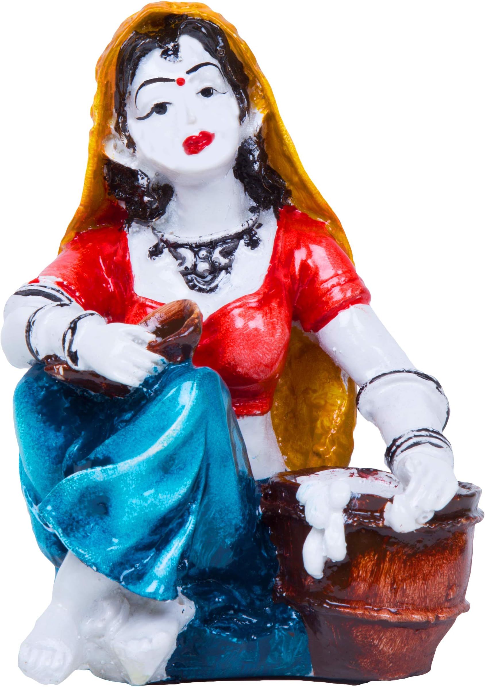 Karigaari India Handcrafted Resine Rajasthani Lady with Curd Basket Showpiece for Home Decor.
