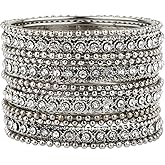 Efulgenz Oxidized Silver Bangles for Women Indian Boho Oxidized Bangles CZ Crystal Metal Indian Bracelet Bangle Set Jewellery for Women