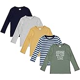 Cudlie 5-Pack Baby/Toddler Boy Long Sleeve Shirt - Basic Tshirt Tops, Light Undershirt - Solid & Striped Tees for Boys