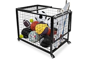rehomerance Ball Cart Garage Sports Equipment Basketball Organizer with Lockable Lid, Basketball Storage Bin for Indoor Outdoor, Rolling Exercise Ball Holder for Gym, School, Club