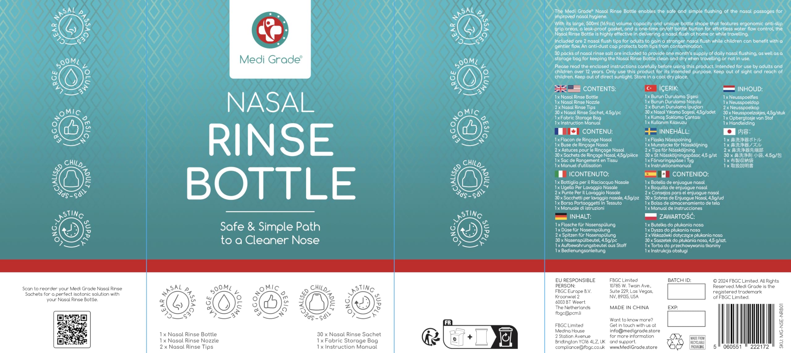 Medi Grade Sinus Rinse Bottle, 500ml with 30 Sinus Rinse Packets - Complete Nasal Irrigation System - Neti Pot Nose Cleaner - Nasal Wash Kit for Home or Travel - 2 Nasal Rinse Tips and Storage Bag