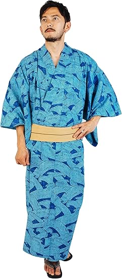 Amazon Co Jp 男性 浴衣 浴衣 帯 下駄 腰紐 レインスプーナー アロハ柄浴衣セット アロハ メンズ浴衣 紳士用 ハワイ ブランド 4点セット 波柄 緑 青 エメラルドグリーン 水色 服 ファッション小物