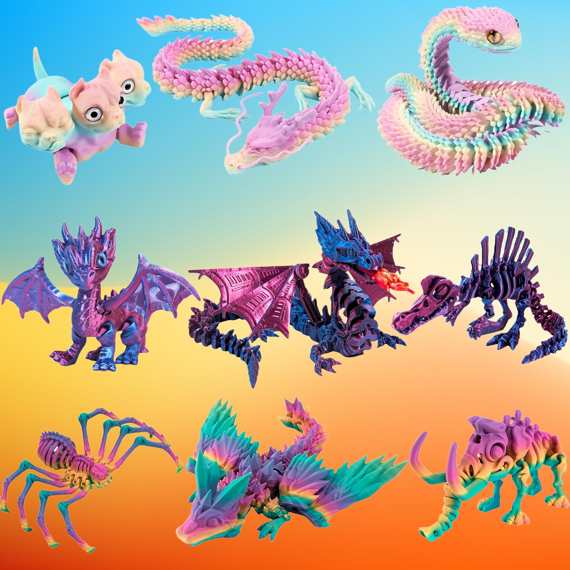 Photo 1 of 9PCS 3D Printed Animals Dragon Collection Kids Toys - Inclued 3D Printed Dragon with wings,Snake,Spider,Mammoth,Dog,Dinosaur,3D Printed Stuff Desk Toys Kids Birthday Gifts for Home Office Decor