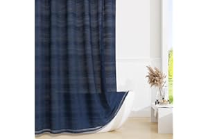 Craidlela Boho Farmhouse Shower Curtain Set with Tassel, Linen Bohemian French Country Chic Bathroom Shower Curtain Set, Modern Striped Textured Shower Curtain 72x72 - Navy Blue