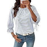 SHEWIN Womens Blouses Summer Striped Crewneck 3/4 Tie Sleeve Tops with Button Decoration On Back