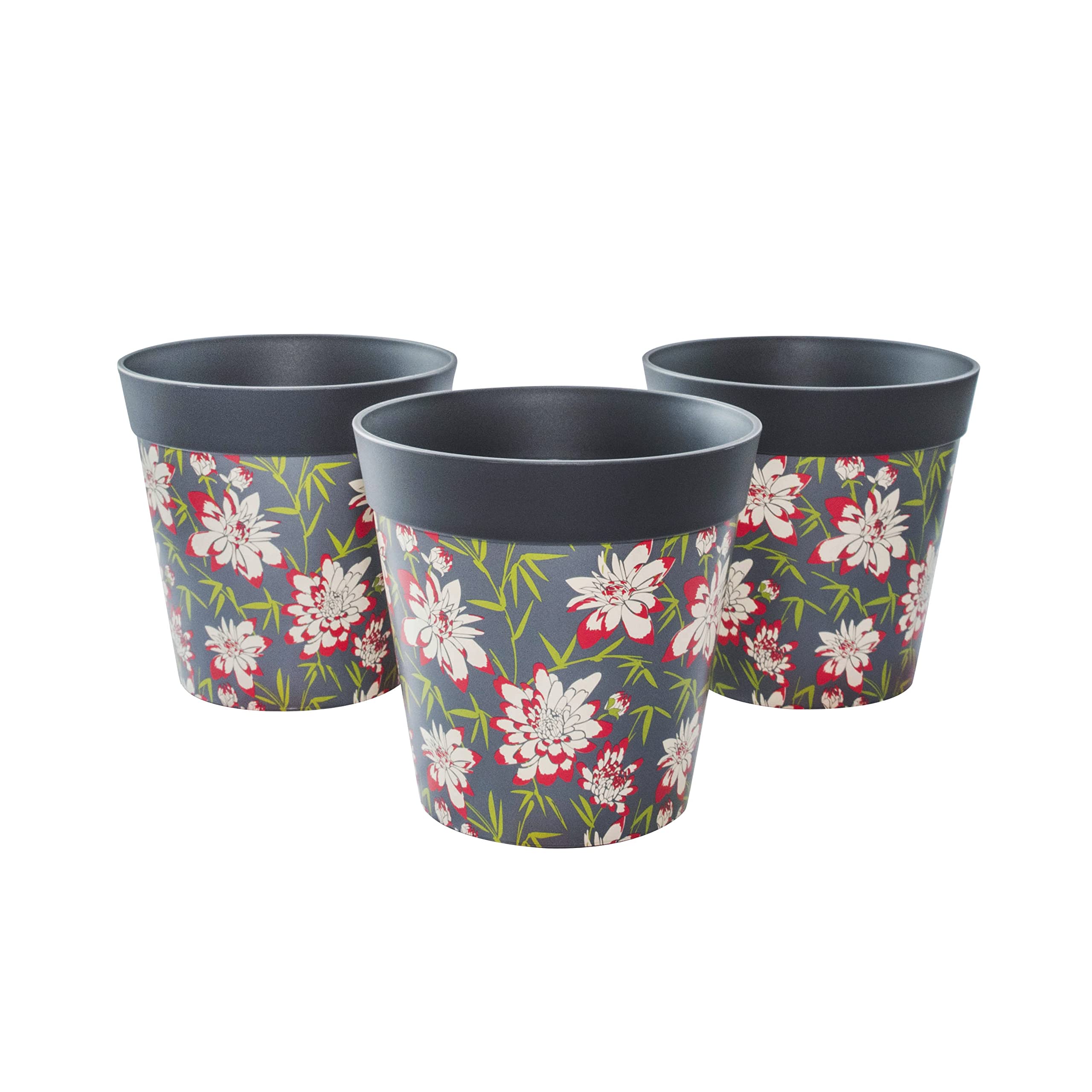 Hum Flowerpots, 15cm Set of 3, Various Patterns Colours and Sizes, Indoor/Outdoor Plastic Plant Pots, Grey Floral