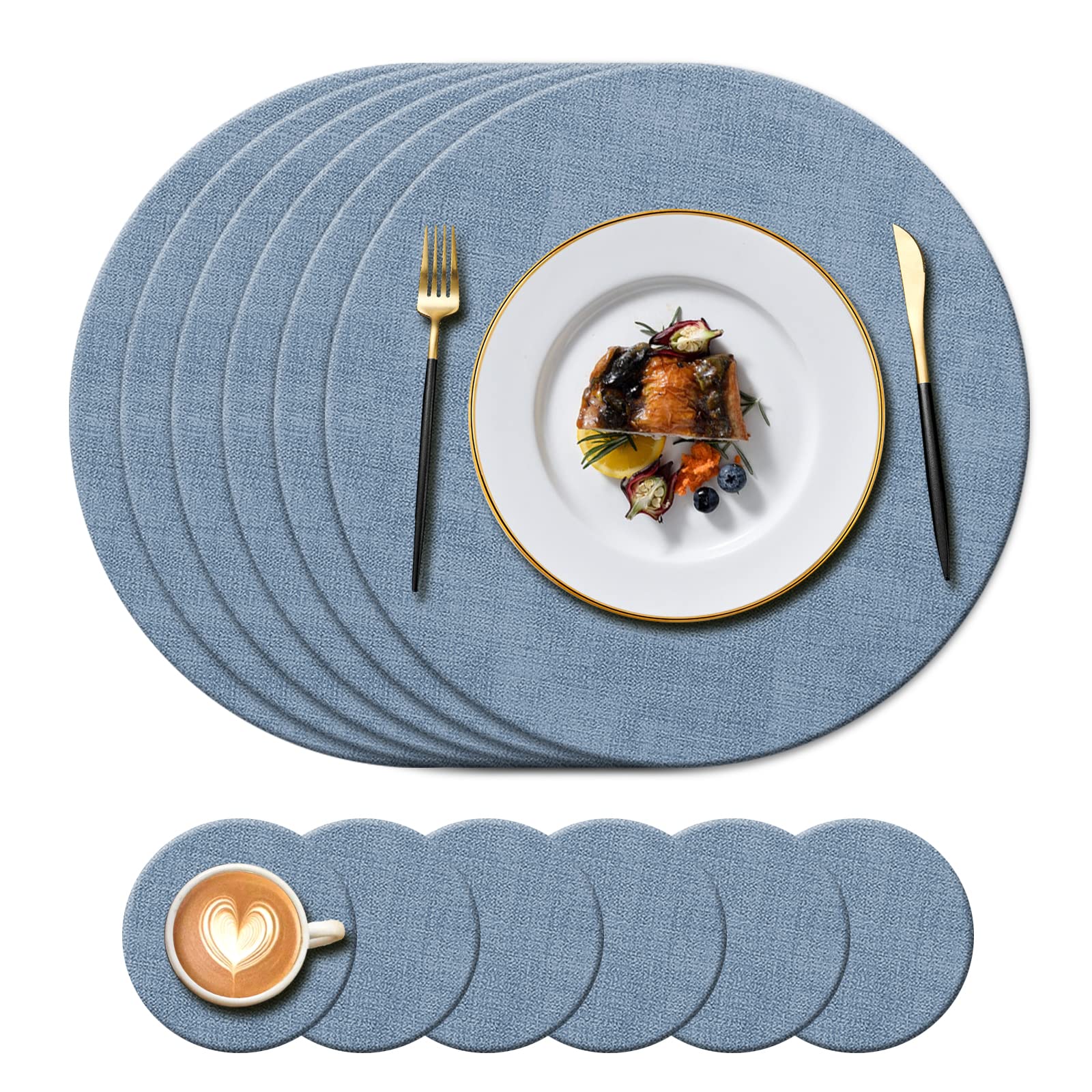 KERYCHIN Round Leather Place mats(34cm) and Coasters(10cm) Set of 6, Heat-Resistant 212 °F Placemats, Non-Slip and Washable, Tablemats for Home, Hotel, Kitchen, Restaurant, Dining Table, (Blue)