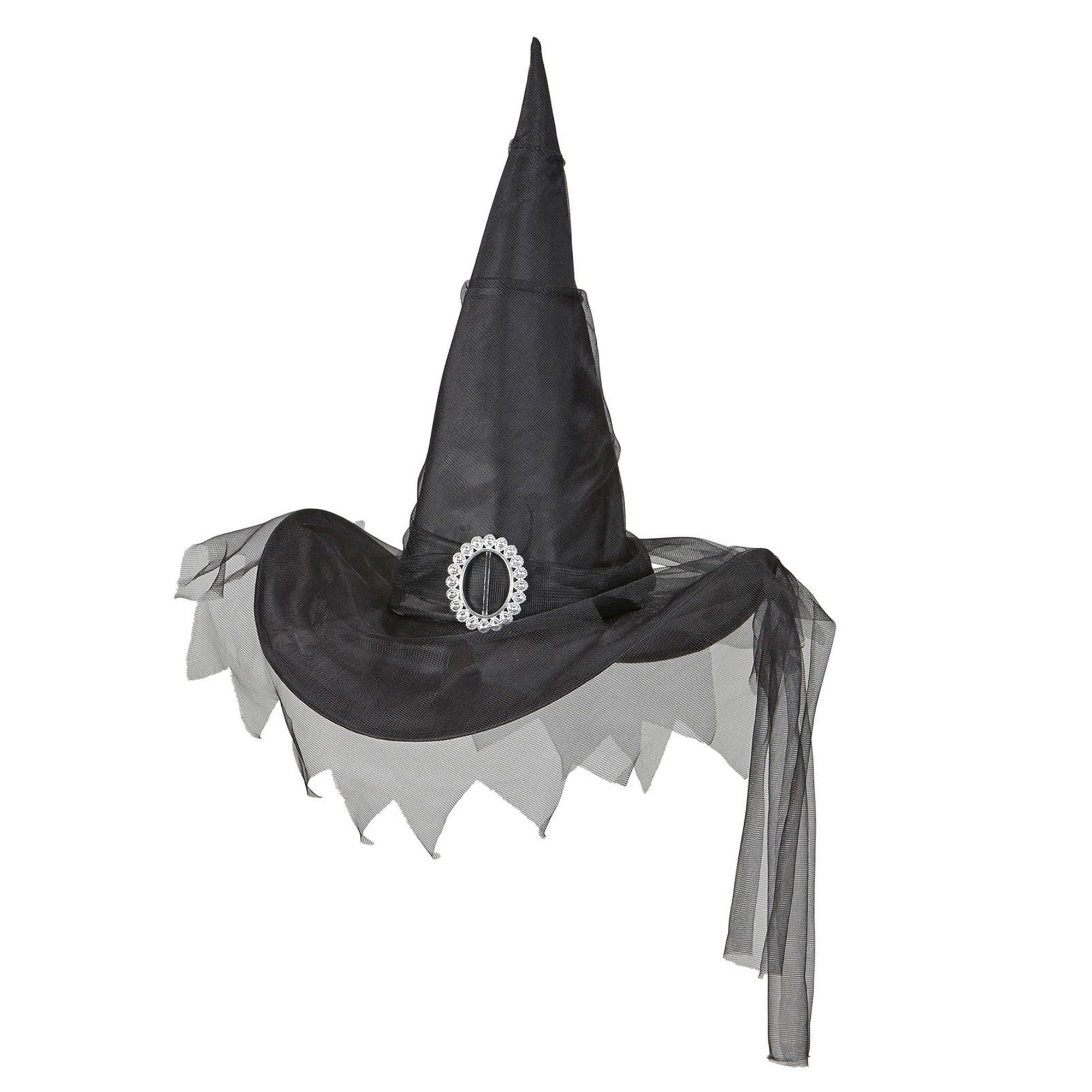 Black Witch Hat With Tulle Spooky Wicked Halloween Fancy Dress Accessory
