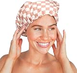 Kitsch Luxury Reusable Shower Cap Terracotta Checker Satin Lined Large view 6