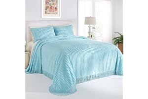 BrylaneHome Oversized Extra Wide Cotton Chenille Bedspread with Fringed Hems - Queen, Aqua