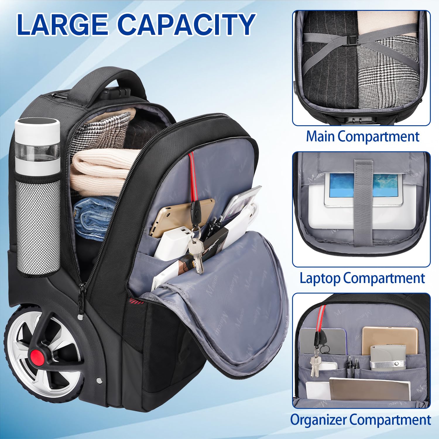 MATEIN Rolling Backpack for Men with Wheels, 17 Inch Large Wheeled Backpack with USB Charging Port & Combination Lock, Water Resistant Anti Theft Travel Laptop Backpack for Adults Work Business, Black