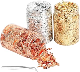 AirSMall 3Flaschen Imitation Gold Flocken Blattgold Gold und Kupfer Flakes Blattgoldflocken zum Basteln Vergoldungsflocken mit Pinzette für Harzschmuck Handwerk Nagelkunst (Rosegold+Gold+Silber)