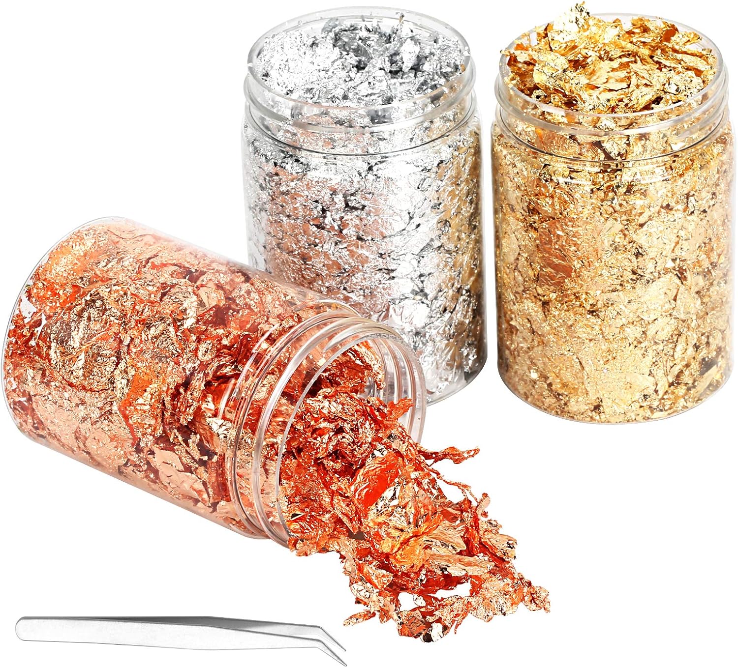 AirSMall 3Flaschen Imitation Gold Flocken Blattgold Gold und Kupfer Flakes Blattgoldflocken zum Basteln Vergoldungsflocken mit Pinzette für Harzschmuck Handwerk Nagelkunst (Rosegold+Gold+Silber)