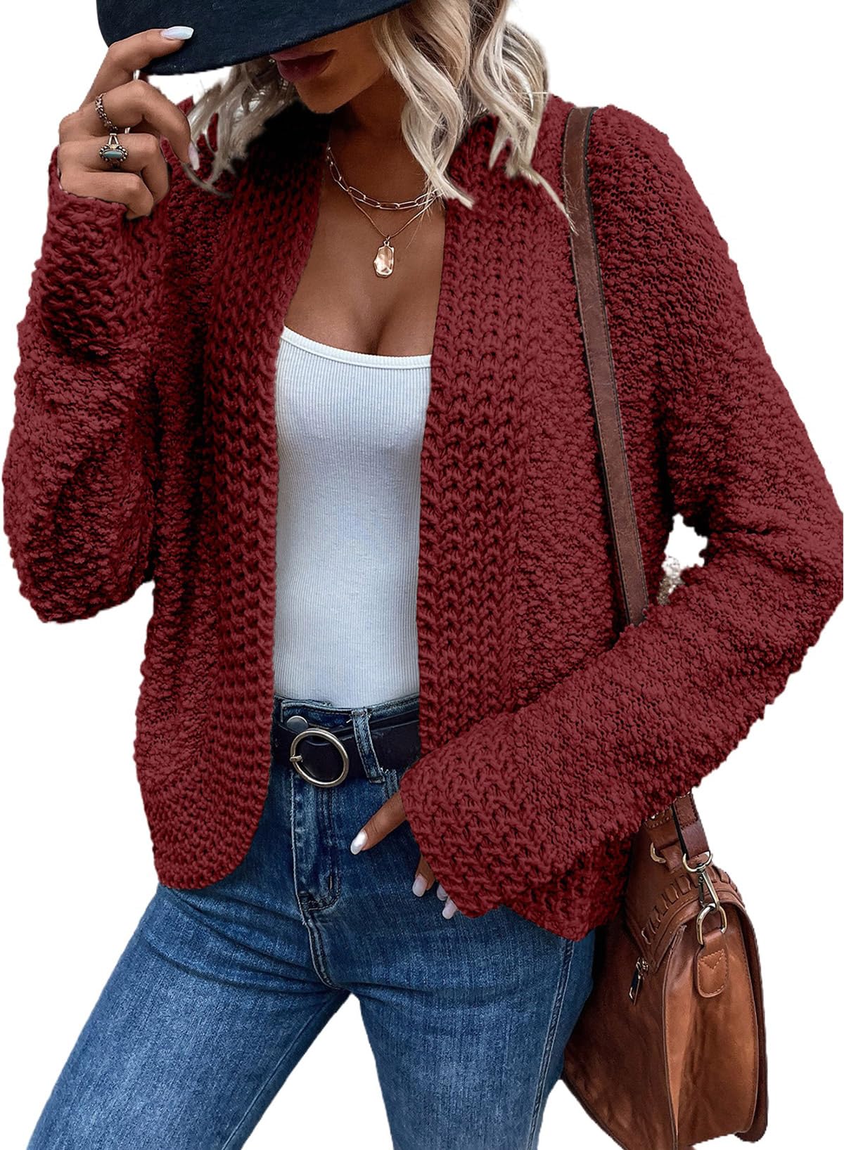 View 1 of ***ITEM CORRECT****Sidefeel Womens Cardigan Trendy 2025 Long Sleeve Open Front Sweaters Casual Fall Outfit Red X-Large