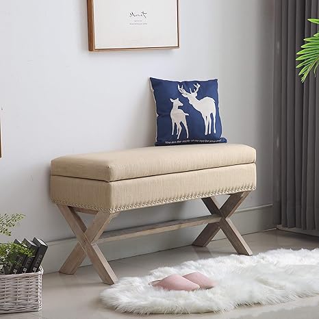 Upholstered Storage Benches Fabric Bedroom Bench Ottoman With Nailhead And X Shaped Legs For Patio Bedroom Living Room Dining Room Hallway