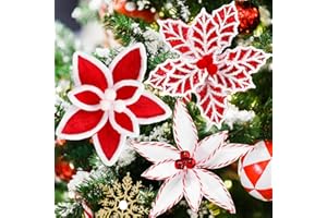Bucherry 12 Pcs Red and White Christmas Ornaments Tree Decorations, Silk Christmas Poinsettia Artificial Flowers with Clips Stems for Xmas Tree Wreath Garland Party Decor