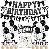 Black Bow Birthday Party Decorations, Girl Bow Birthday Decortions, Black White Balloons, Bows Banner Garland, Bows Cake & Cupcake Toppers and Satin Ribbon for Bow Party Decor