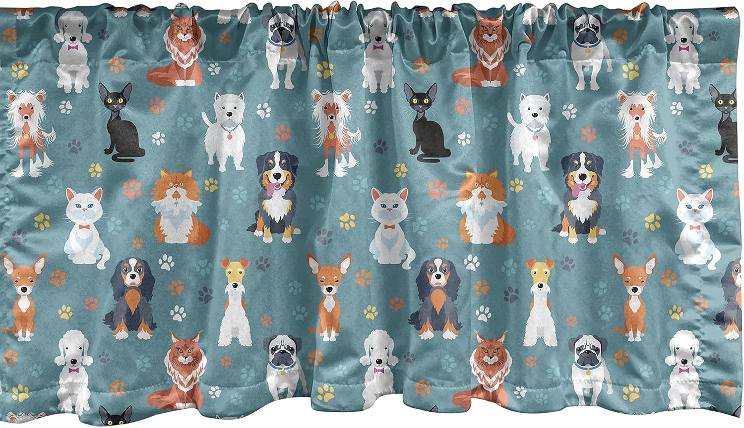 Ambesonne Animal Print Window Valance, Pet Lover Pattern with Different Species of Cats and Dog Colorful Paw Prints, Curtain Valance for Kitchen Bedroom Decor with Rod Pocket, 54