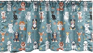 Ambesonne Animal Print Window Valance, Pet Lover Pattern with Different Species of Cats and Dog Colorful Paw Prints, Curtain Valance for Kitchen Bedroom Decor with Rod Pocket, 54