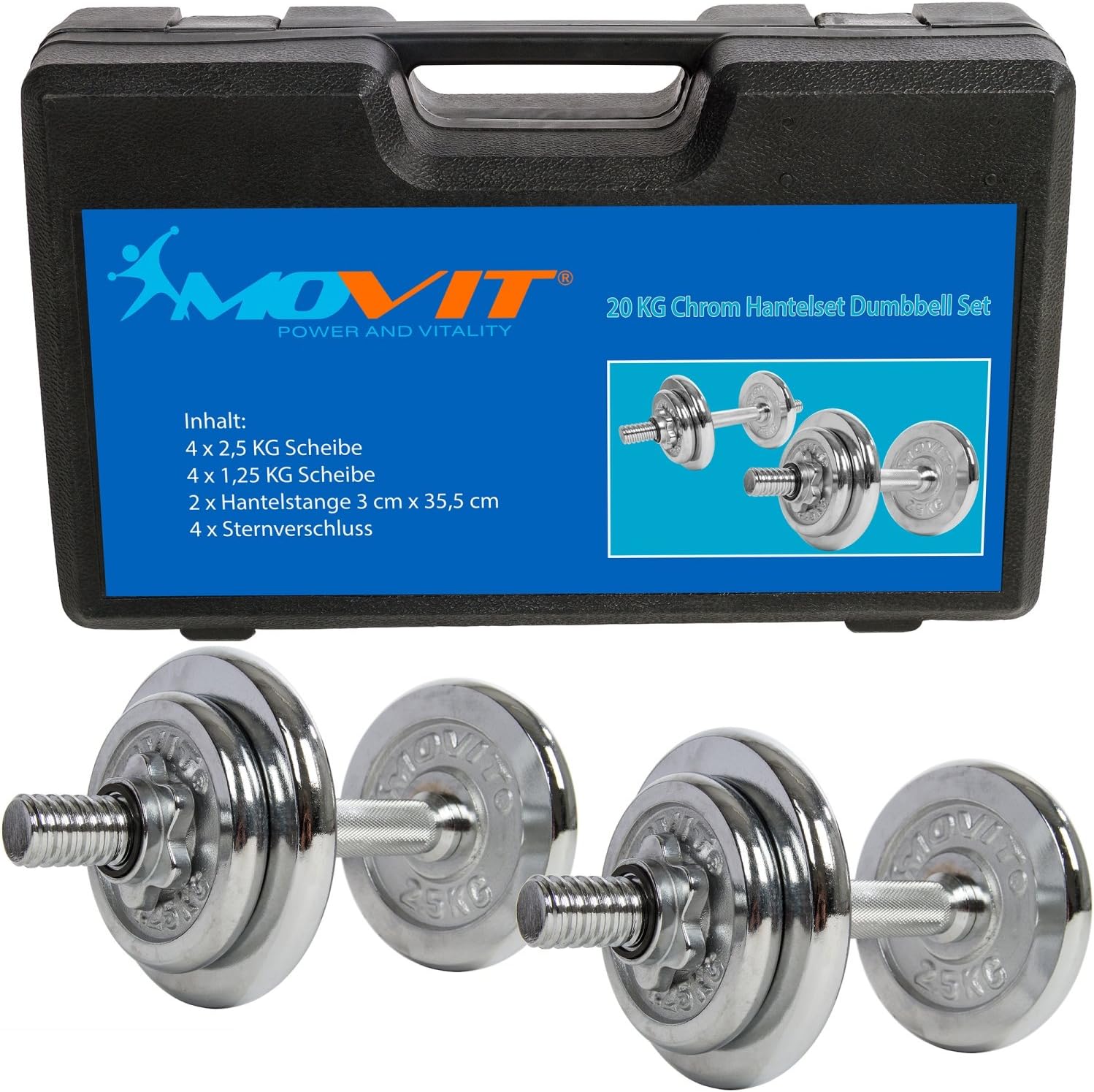 MOVIT® 20 kg chrome dumbbell set made of cast iron, in case, 2 pieces each 10kg, knurled rods 35 cm x diameter 3 cm with star lock, including 4 x 2.5 kg + 4 x 1.25 kg dumbbell weight plates.