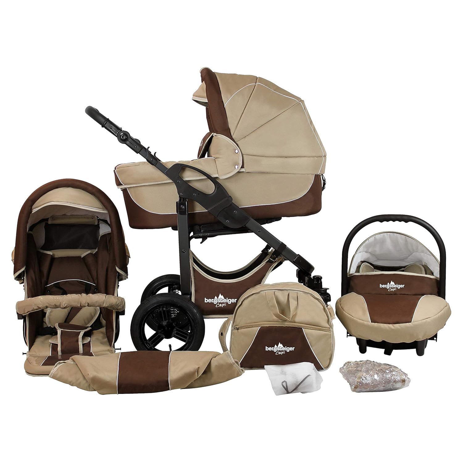 Bergsteiger Capri Kinderwagen 3 in 1 Kombikinderwagen Megaset 10 teilig inkl. Babyschale, Babywanne, Sportwagen und Zubehör