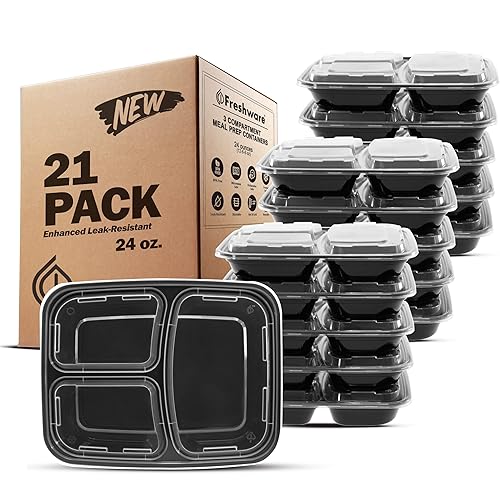 Freshware Meal Prep Containers 21 Count (Pack of 1), 3 Compartment with Lids, Food Storage Containers, Bento Box, Stackable, Microwave/Dishwasher/Freezer Safe (24 oz)