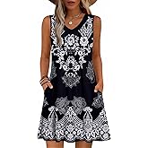 Zeagoo Summer Dresses for Women 2026 Sleeveless Dress V Neck Tank Dress Pleated Floral Tshirt Sundresses with Pockets