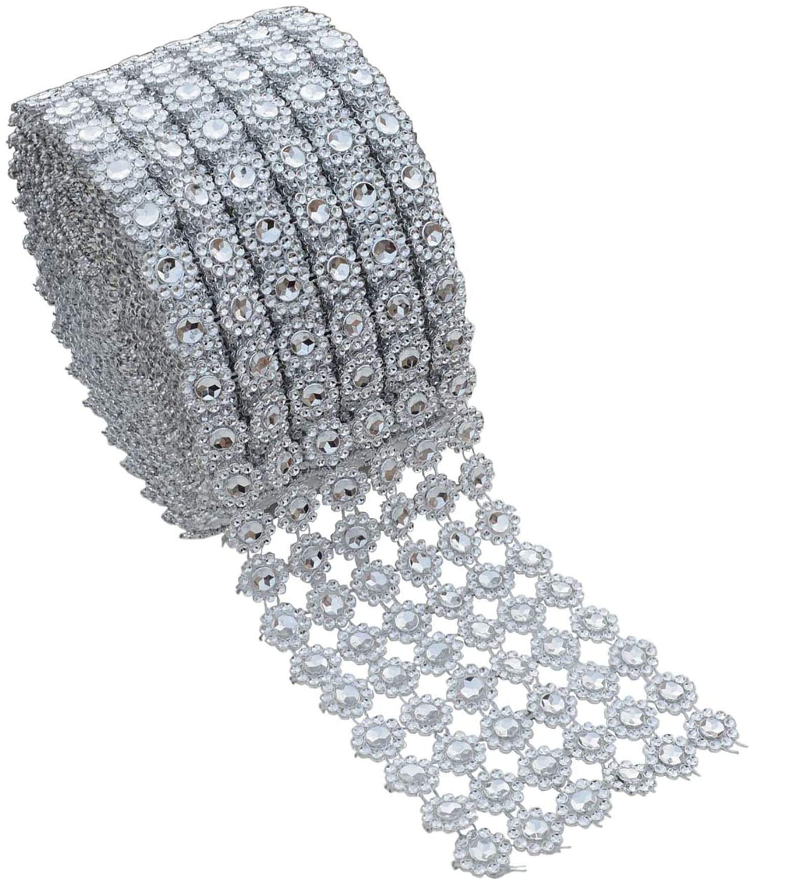 YYaaloa 4" x 10 Yards (30 ft 6 Rows) Silver Bling Rhinestone Diamond Flower Shape Mesh Wrap Roll Faux Rhinestone Crystal Ribbon for Wedding, Cake, Vase Decorations, Party Supplies, Silver