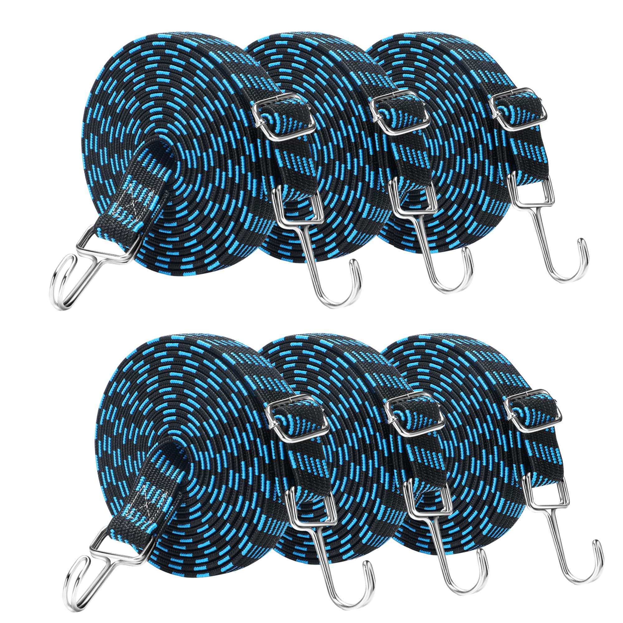 aleawol 6Pack 3M Adjustable Bungee Cords with Hooks, Extra Long Flat Bungee Cords Stretchy Heavy Duty Flat Bungee Cords Elastic Straps with Metal Buckle for Bicycles Camping Rent Luggage Fixing