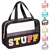 eurovicky Chenille Letter Patch Clear Makeup Bag, Preppy PVC&Nylon Makeup Bag with Handle and Zipper, Waterproof Large Clear Travel Toiletry Bag Storage Bag for Women