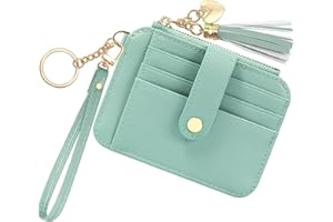 KOTORA Small Card Case Womens Wristlet Keychian Card Holder Cash Coin Purse Girls Cute Tassel Wallet Slim Front Pocket Zip Wallets (Green)