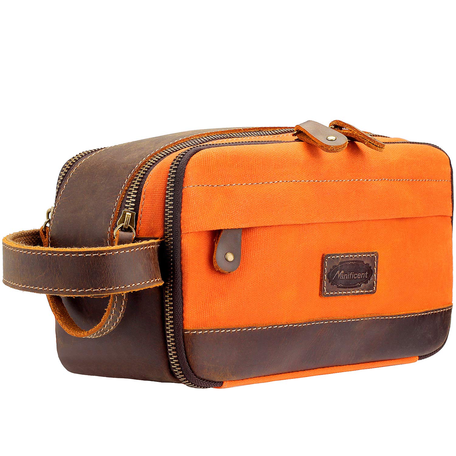 Manificent Leather Toiletry Bag Vintage Waxed Canvas Makeup Travel Organizer Shaving Dopp Kit, Cosmetic Makeup Bag-Orange