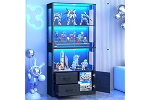 ECLATHOME Display Cabinet with Glass Doors, 4-Tier Display Case with 3-Color Lights & Human Body Sensor, Storage Cabinets with 3 Shelves & 2 Drawers for Collectibles/Living/Dining/Game Room, Black Oak