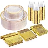 WELLIFE 300Pcs Clear Gold Dinnerware, Clear and Gold Plates Heavy Duty, Including 50 Dinner and 50 Dessert Plates, 50 Cups, 50 Silverware