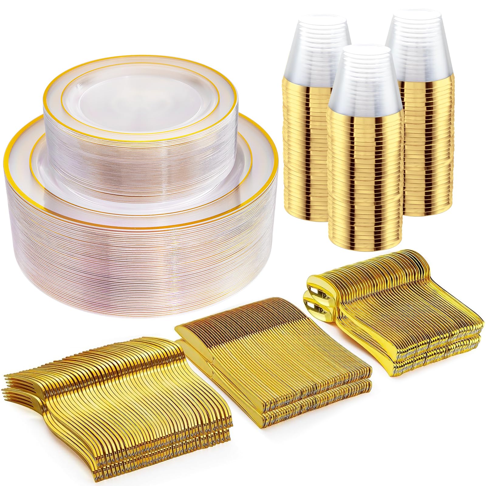 Photo 1 of 1046224 WELLIFE 300Pcs Clear Gold Dinnerware, \ Plates Heavy Duty, Including 50 Dinner and 50 Dessert Plates, 50 Cups, 50 Silverware