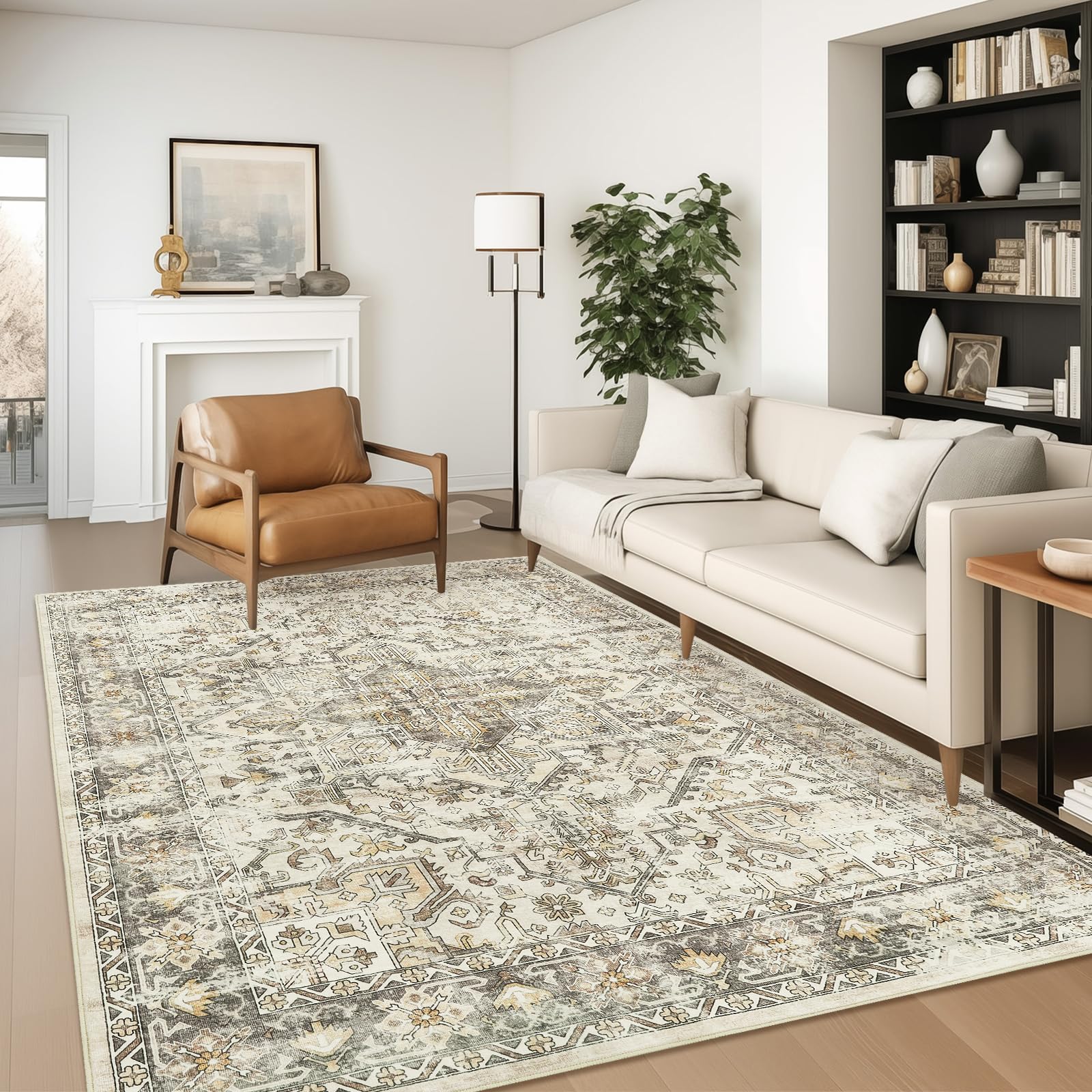 Photo 1 of zesthome 6x9 Area Rug, Super Soft Washable Rugs for Living Room, Non-Slip Stain Resistant Vintage Rugs, Ultra-Thin Large Area Rugs (Beige/Brown,6'x9')