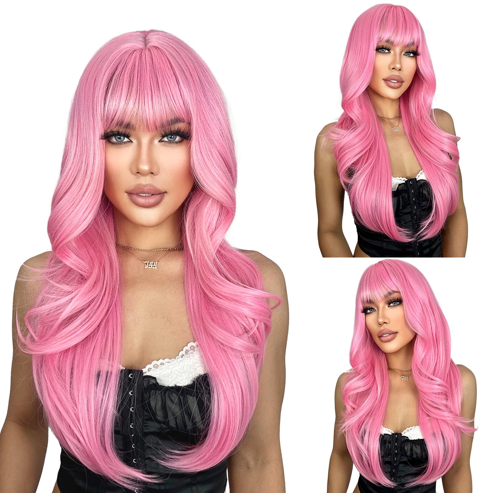 Photo 1 of SUKRI Pink Wigs for Women Long Layered Wigs with Bangs Heat Resistant Hair Bang Wig Put on Go for Party Daily Cosplay Use