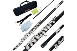 KAYATA C Flute with Closed Hole 16 Keys, Suitable for Student and Beginner, Including Cleaning cloth, Carrying Case, Gloves and Tuning Rod. Nickel Plated Flute (Black)