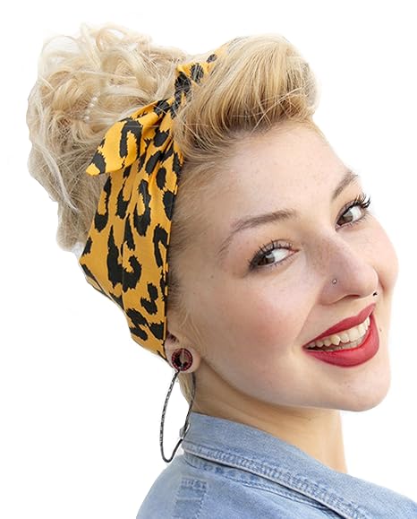 Retro Head Scarf  Leopard Print Mustard Vintage 50s Style Rockabilly Pin up Girl