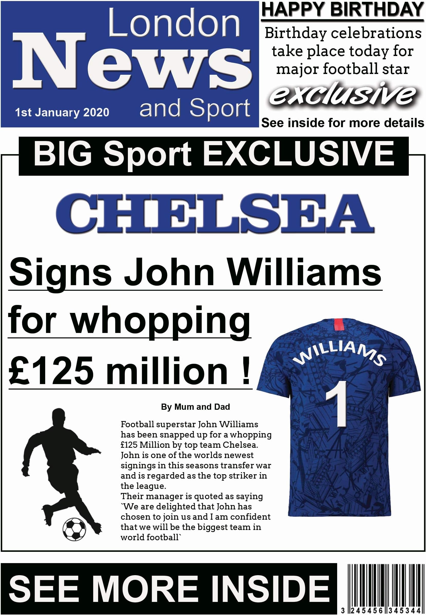 Personalised Chelsea Newspaper Football Birthday Card (19-20)