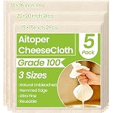 Aitoper Cheese Cloths, 5 Pcs Organic Cheesecloth for Straining Cooking | 3 Sizes Reusable Cheese Cloth, Grade 100, Unbleached