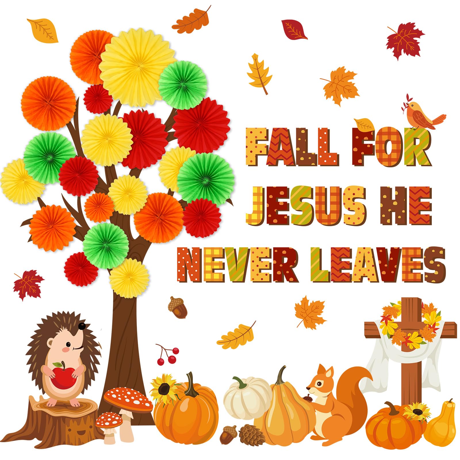Photo 1 of Gersoniel 81 Pcs Fall for Jesus He Never Leaves Bulletin Board Set Fall Tree Classroom Wall Decoration Religious Church Cross Decor 3D DIY Paper Fans Autumn Maple Leaves Pumpkin Thanksgiving Cutouts