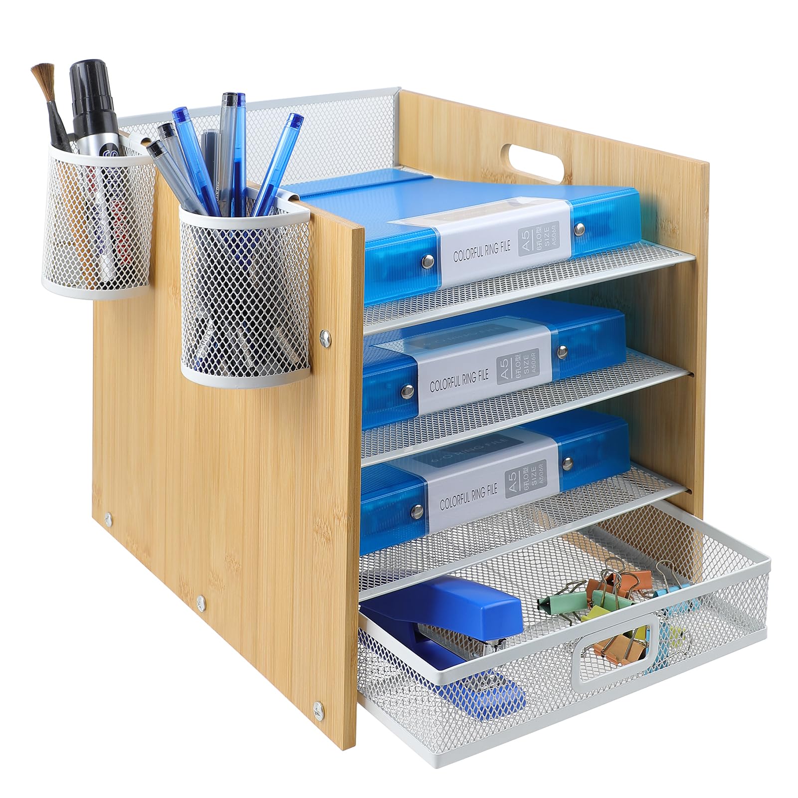 TSDRBWO 4 Tier Bamboo Paper Letter Tray Organiser with Drawer, Metal Mesh Filing Trays for Office Supplies Desk Tidy Organisers A4 Mail Document File Storage Holder with Handle for Home School