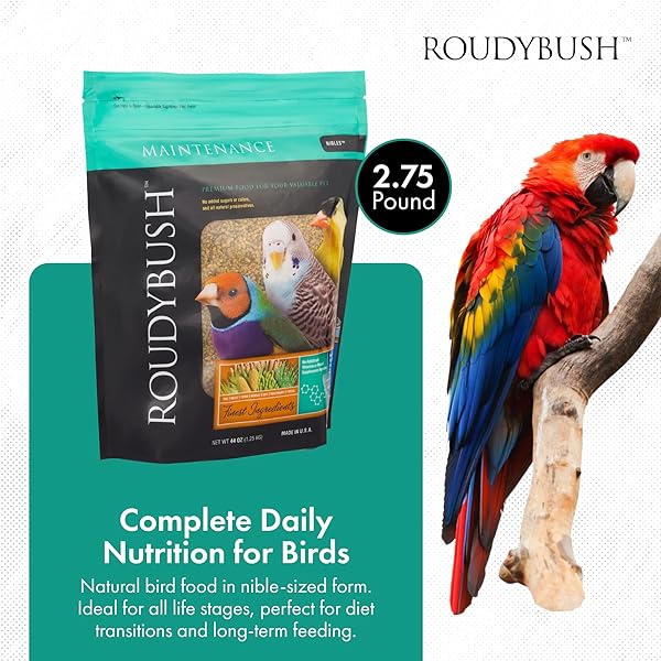 ROUDYBUSH DAILY MAINTENANCE FOOD FOR BIRDS – SCIENTIFICALLY FORMULATED BIRD FEED – BIRD FOOD PELLETS W/CORN, WHEAT, SOY & MORE – NUTRITIOUS & HEALTHY FEED FOR BIRDS (NIBLES, 44OZ)