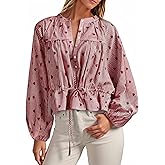 Tankaneo Womens Striped Cropped Button Down Shirts Puff Long Sleeve Peplum Tops Drawstring Waist Loose Fit Blouses