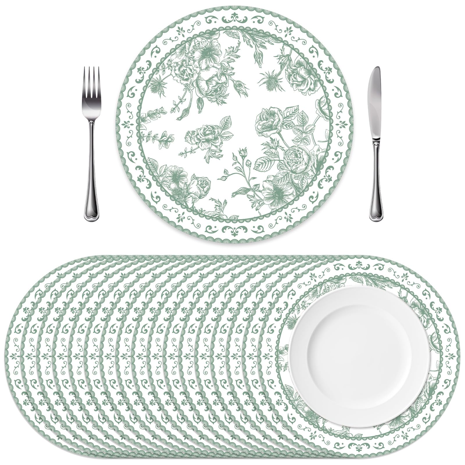 Photo 1 of 60PCS Sage Green Floral Paper Place Mats Disposable Vintage Green Flower Placemats Chinoiserie Round Table Mat Spring Setting for Bridal Tea Wedding Birthday Party Supplies Dining Table Decor