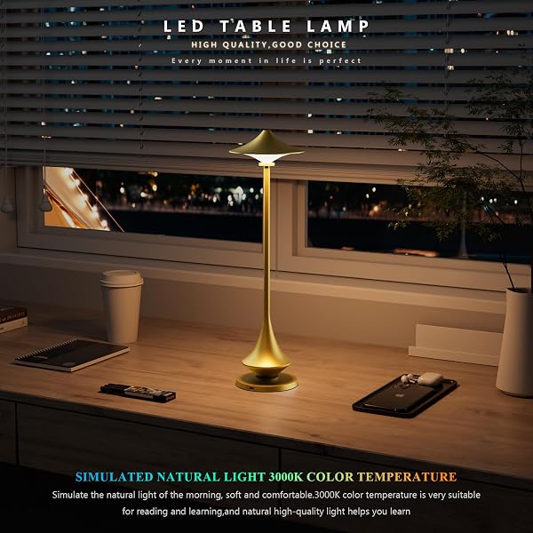 TIMJORMAN MODERN MINIMALIST CORDLESS TABLE LAMP,RECHARGEABLE,ALUMINUM ALLOY BODY FOR LIVING ROOM/BEDROOM/KITCHEN/OUTSIDE (GOLD COLOR 1 PACK)