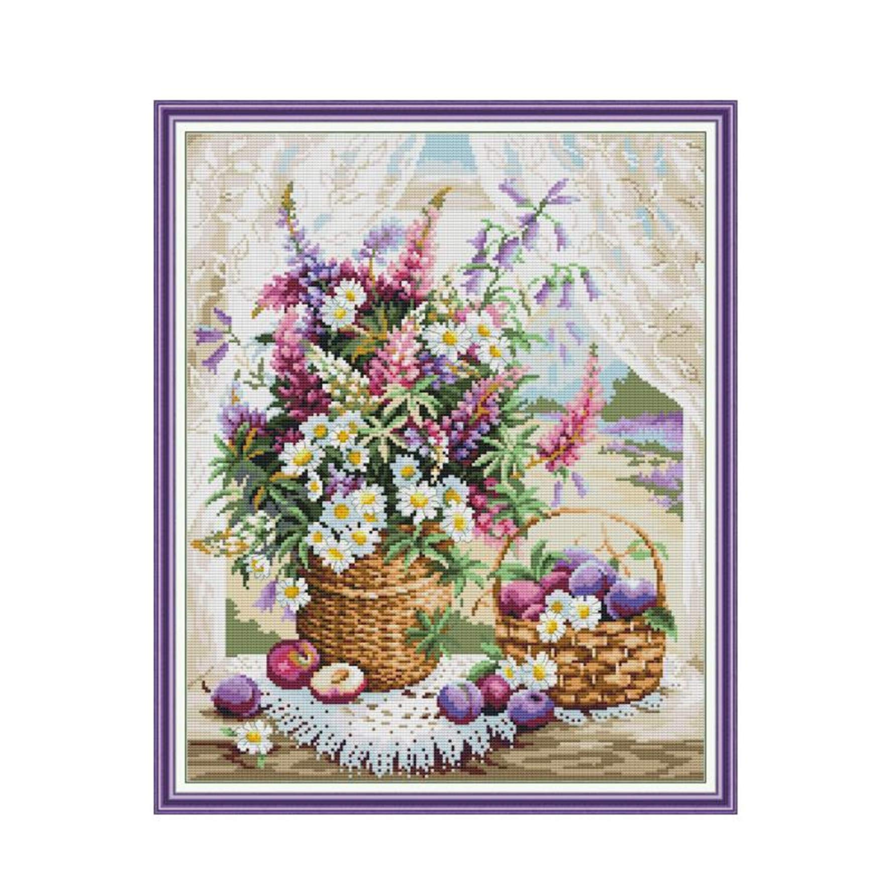 CaptainCrafts Cross Stitch Kits for Adults Stamped Pre-Printed Flowers Fabric DIY Embroidery Crafts for Home Decor (Stamped 11CT, Window Sill Flower Basket)