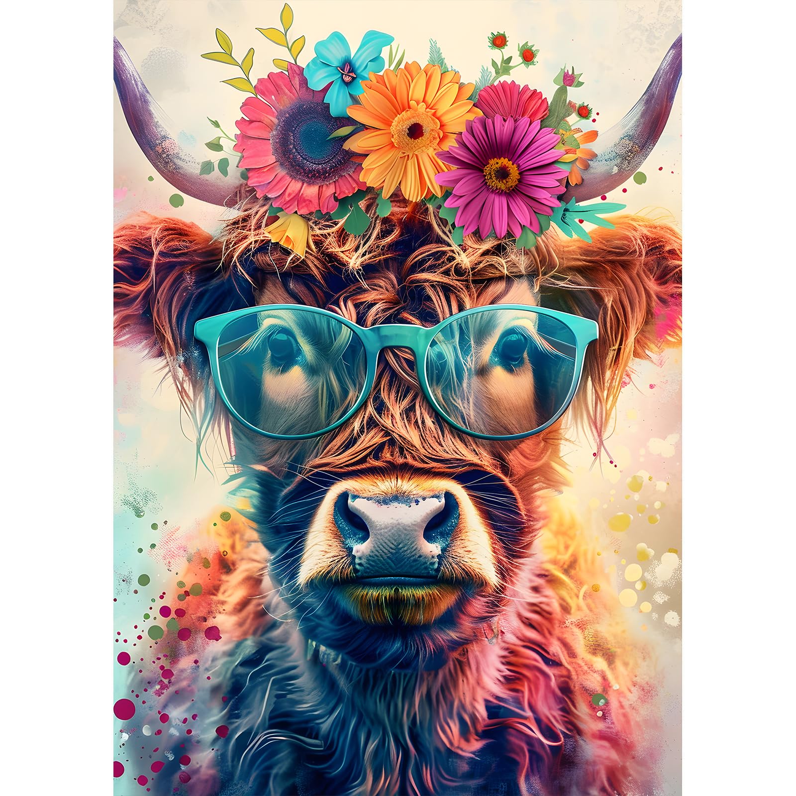 DPHERO DIY Highland Cow Diamond Painting Kits for Adults,5D Flowers Diamond Art Kits for Beginners,Round Full Drill Glasses Diamond Painting Art,DIY Painting by Numbers Diamond Art Painting 12x16 inch
